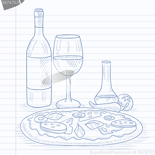 Image of Dinner with wine and pizza.