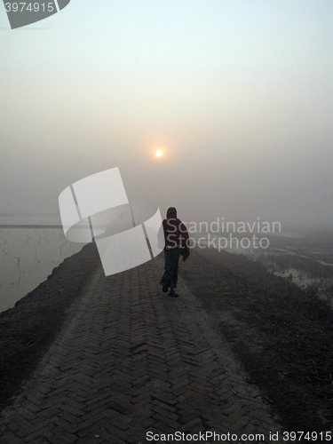 Image of A stunning sunrise looking over the holiest of rivers in India. Ganges delta in Sundarbans, West Bengal, India