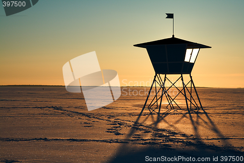 Image of Life-guard's hut during sunset in winter