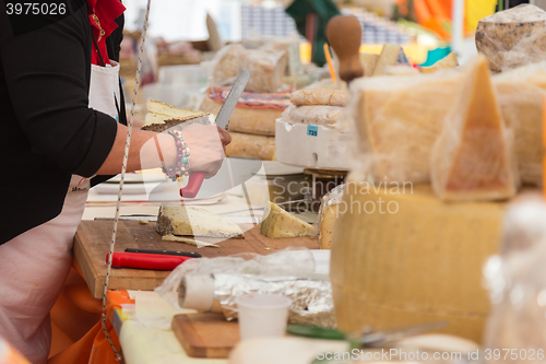 Image of Cheese market. Large selection of cheeses.