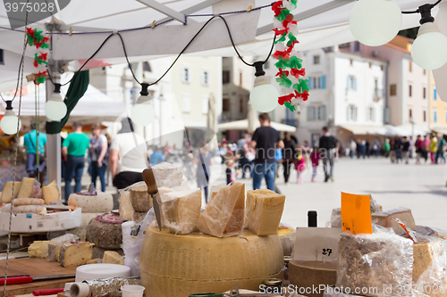 Image of Cheese market. Large selection of cheeses.