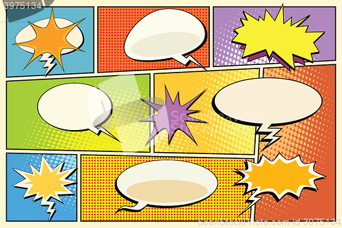 Image of Comic book page pop art explosions, clouds and bubbles
