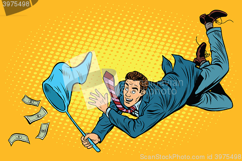 Image of Business man catching money with a butterfly net