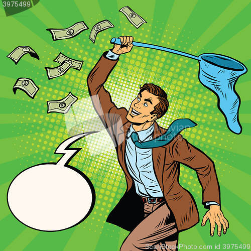 Image of Businessman catching money with a butterfly net and said