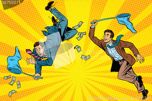 Image of Competition, two businessmen catching money with a butterfly net