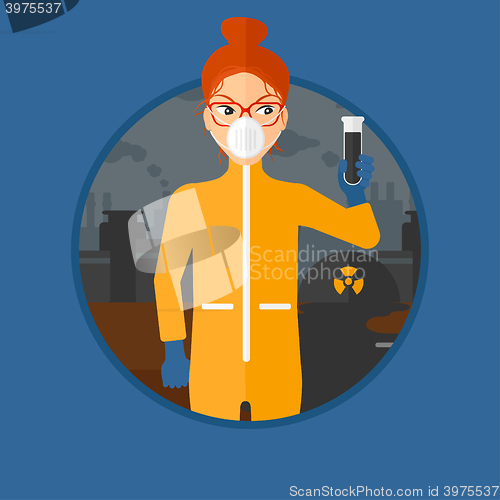 Image of Woman in radiation protective suit with test tube.