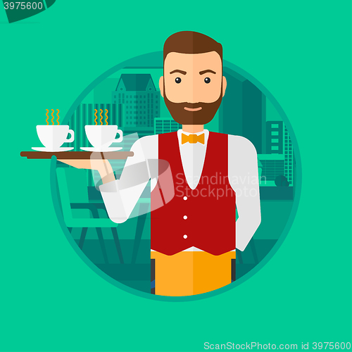 Image of Waiter holding tray with cups of coffeee or tea.