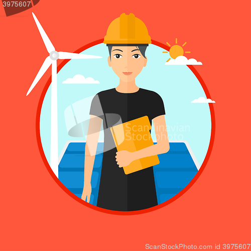 Image of Female worker of solar power plant and wind farm.