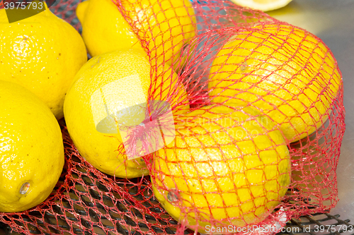 Image of Lemons in net packaging in the grocery store
