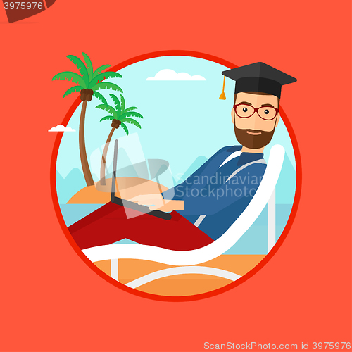 Image of Graduate lying in chaise lounge with laptop.