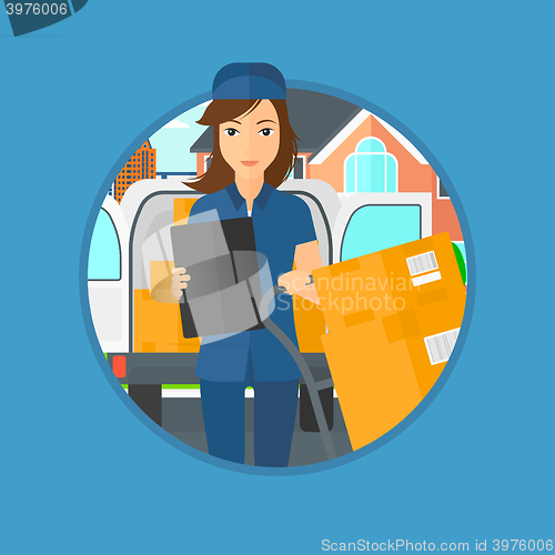 Image of Delivery woman with cardboard boxes.