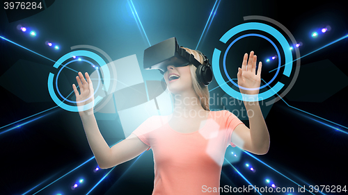 Image of woman in virtual reality headset or 3d glasses