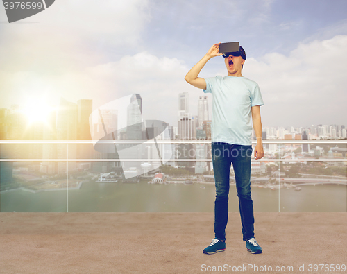 Image of man in virtual reality headset or 3d glasses