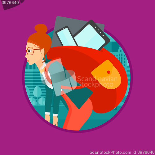 Image of Woman with backpack full of electronic devices.