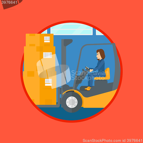 Image of Warehouse worker moving load by forklift truck.