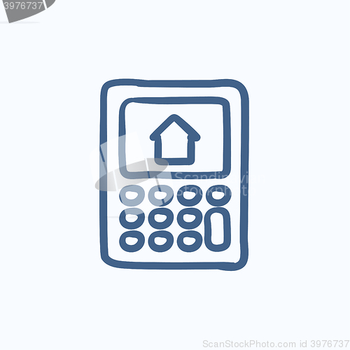 Image of Calculator with house on display sketch icon.