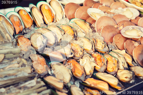 Image of oysters or seafood on ice at asian street market