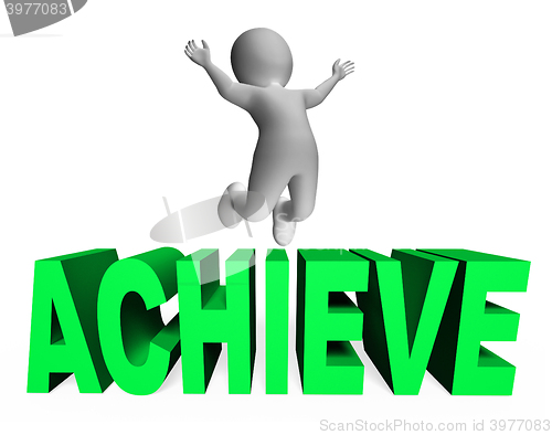 Image of Achieve Character Indicates Man Jump And Achievement 3d Renderin