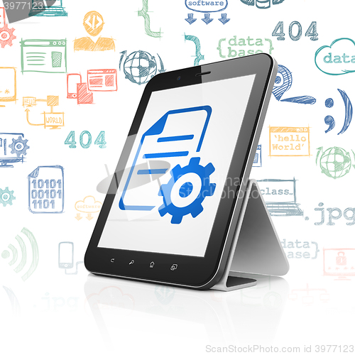 Image of Software concept: Tablet Computer with Gear on display