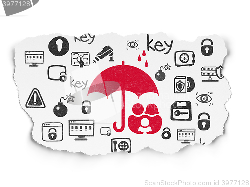 Image of Protection concept: Family And Umbrella on Torn Paper background