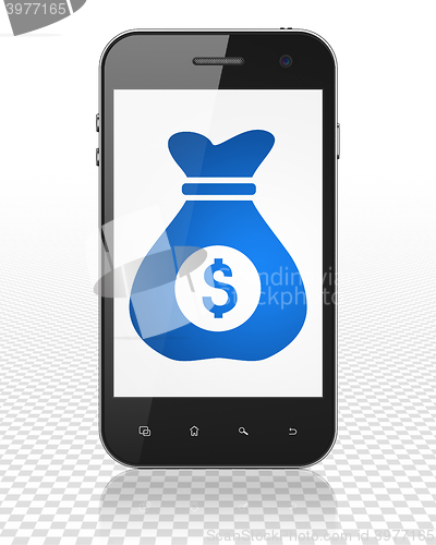 Image of Finance concept: Smartphone with Money Bag on display