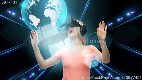 Image of woman in virtual reality headset or 3d glasses