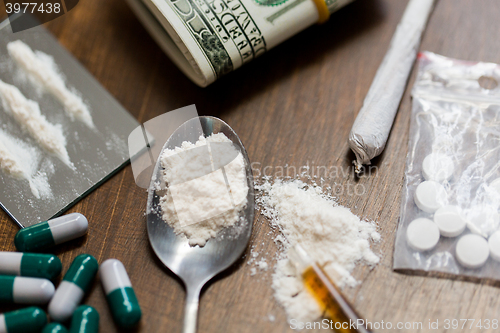 Image of close up of drugs, money, spoon and syringe