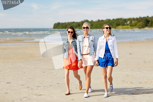 Image of group of smiling women in sunglasses on beach