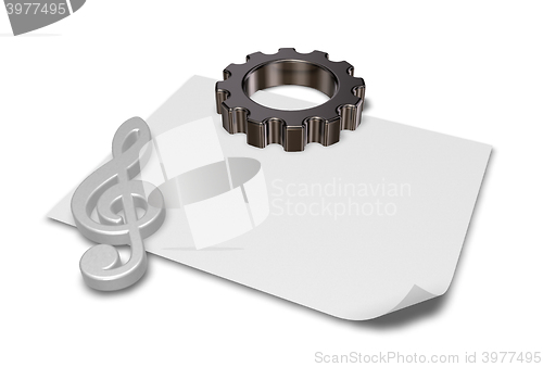 Image of gear wheel and metal clef on white paper sheet - 3d rendering