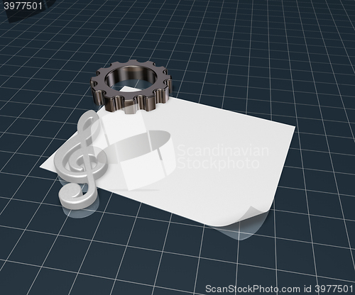 Image of gear wheel and metal clef on white paper sheet - 3d rendering