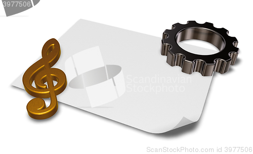 Image of gear wheel and metal clef on white paper sheet - 3d rendering
