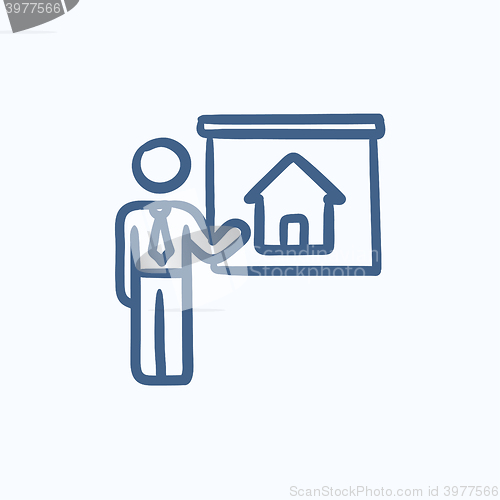 Image of Real estate agent showing house sketch icon.