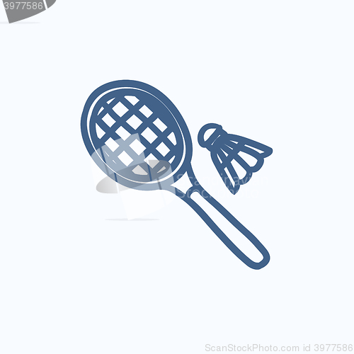 Image of Shuttlecock and badminton racket sketch icon.