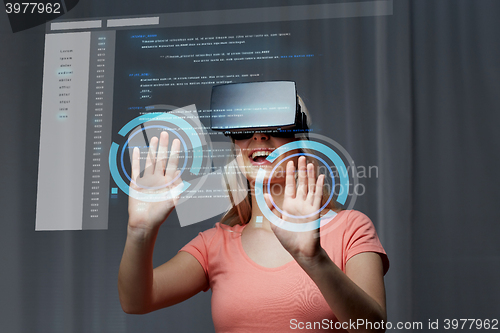 Image of woman in virtual reality headset or 3d glasses