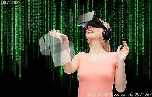 Image of woman in virtual reality headset or 3d glasses