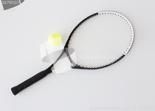 Image of close up of tennis racket with ball