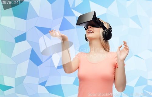 Image of woman in virtual reality headset or 3d glasses