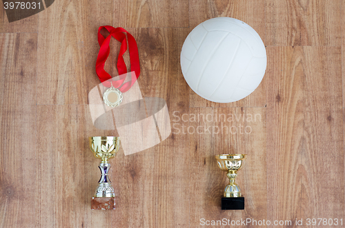 Image of close up of volleyball ball, cups and medals