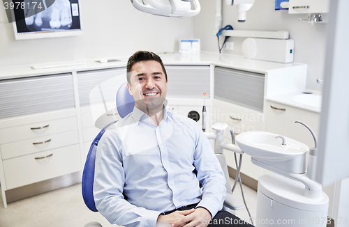 Image of happy male patient sitting on dental chair