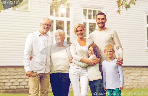 Image of happy family in front of house outdoors