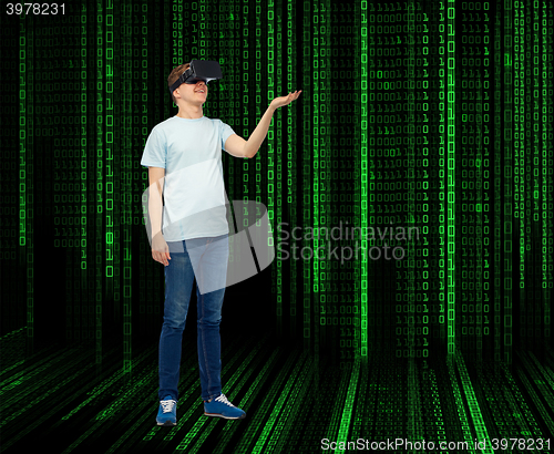 Image of happy man in virtual reality headset or 3d glasses