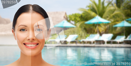 Image of close up of beautiful woman with half face tanned