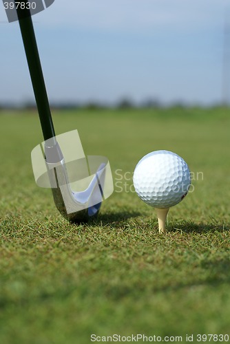 Image of Golf ball in tall green grass set against blue sky