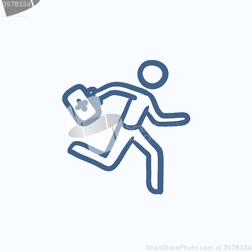 Image of Paramedic running with first aid kit sketch icon.