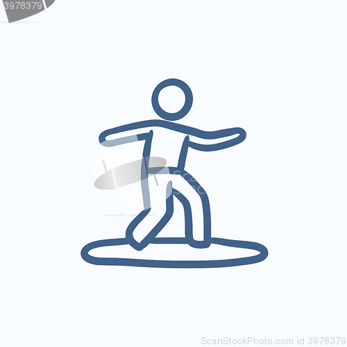 Image of Male surfer riding on surfboard sketch icon.