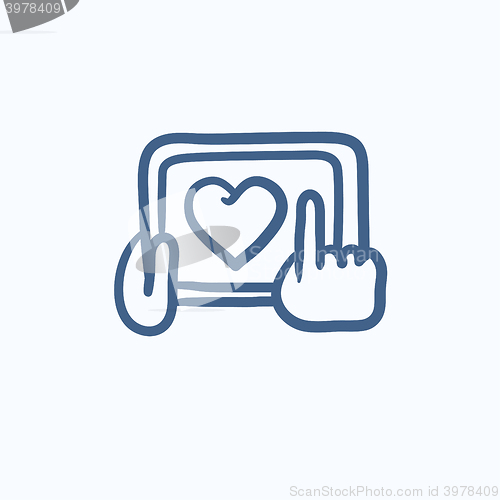 Image of Hands holding tablet with heart sign sketch icon.