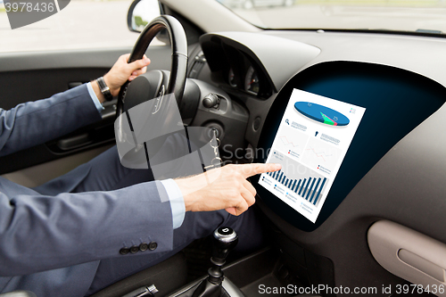 Image of close up of man driving car with chart on screen