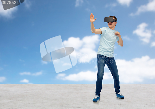 Image of man in virtual reality headset or 3d glasses