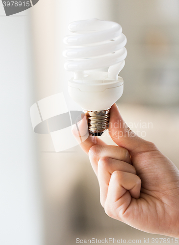 Image of close up of hand holding energy saving lightbulb