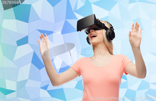 Image of woman in virtual reality headset or 3d glasses